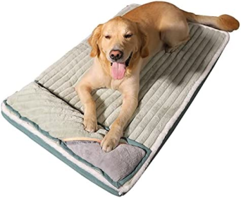 Warm Dog bed Sleeping Pad Cat bed Kennel with Pillow Anti-Tear Bite Mattress Pet Floor Mat pet bed (colour: green, size: M-67 * 47 * 4.5cm (within 9kg))