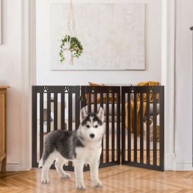 36 Inch Folding Wooden Freestanding Pet Gate Dog Gate with 360¬∞ Flexible Hinge (Color: Dark brown)